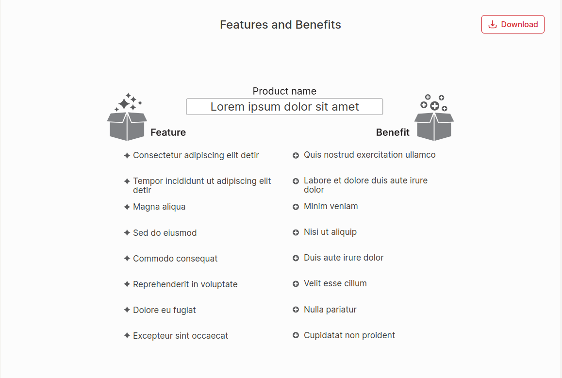 Product Features and Benefits Chart